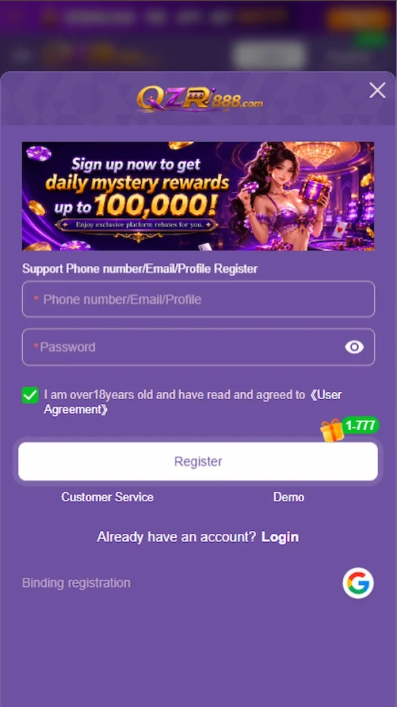 QZR888 Register and Login